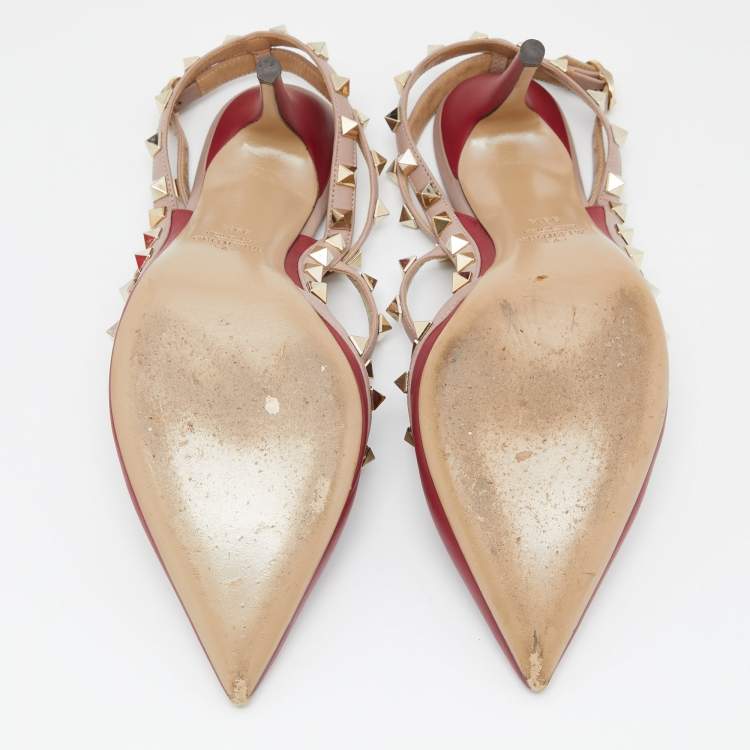 Pre Owned Valentino Red/Pink Leather Rockstud Ankle Strap Pumps Size 39.5