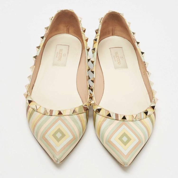 Pre Owned Valentino Multicolor Leather Rockstud Native Couture 1975 Ballet Flats Size 39
