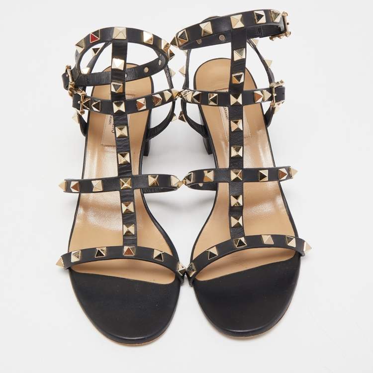 Pre Owned Valentino Black Leather Rockstud Ankle Strap Sandals Size 38.5