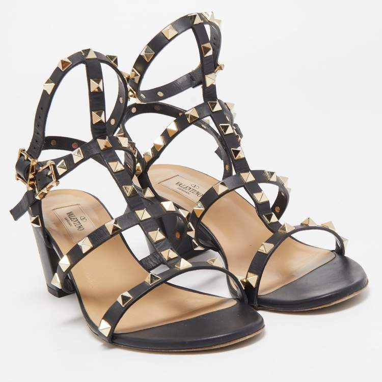 Pre Owned Valentino Black Leather Rockstud Ankle Strap Sandals Size 38.5