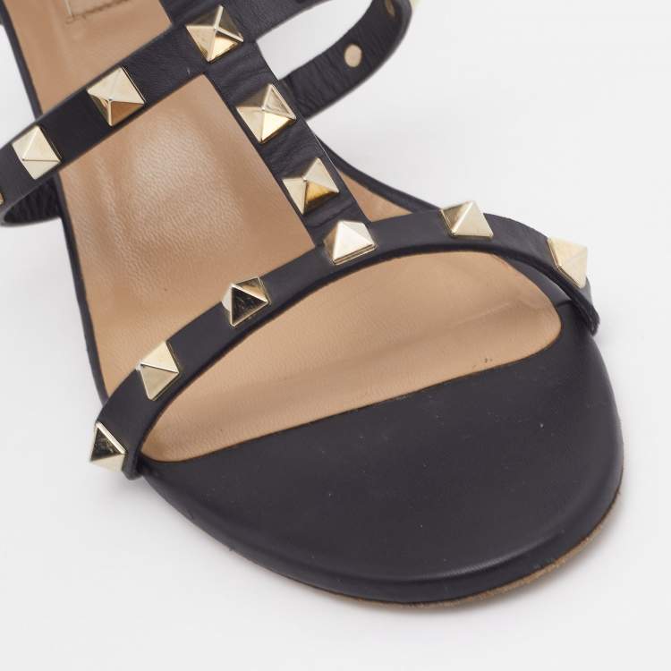 Pre Owned Valentino Black Leather Rockstud Ankle Strap Sandals Size 38.5