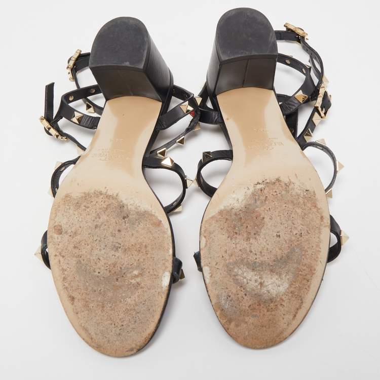 Pre Owned Valentino Black Leather Rockstud Ankle Strap Sandals Size 38.5