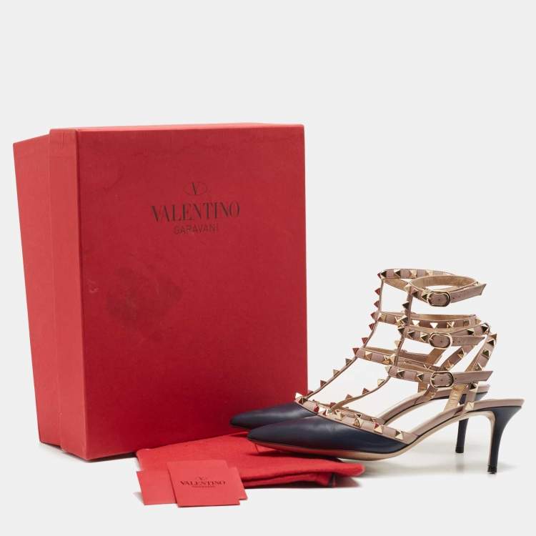 Pre Owned Valentino Blue Leather Rockstud Strappy Pumps Size 38.5