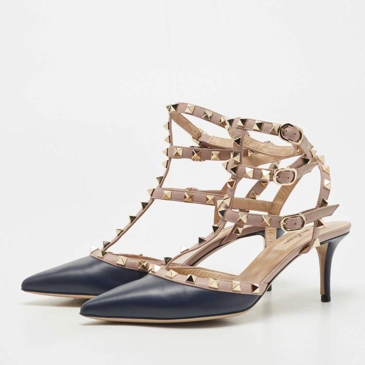 Pre Owned Valentino Blue Leather Rockstud Strappy Pumps Size 38.5