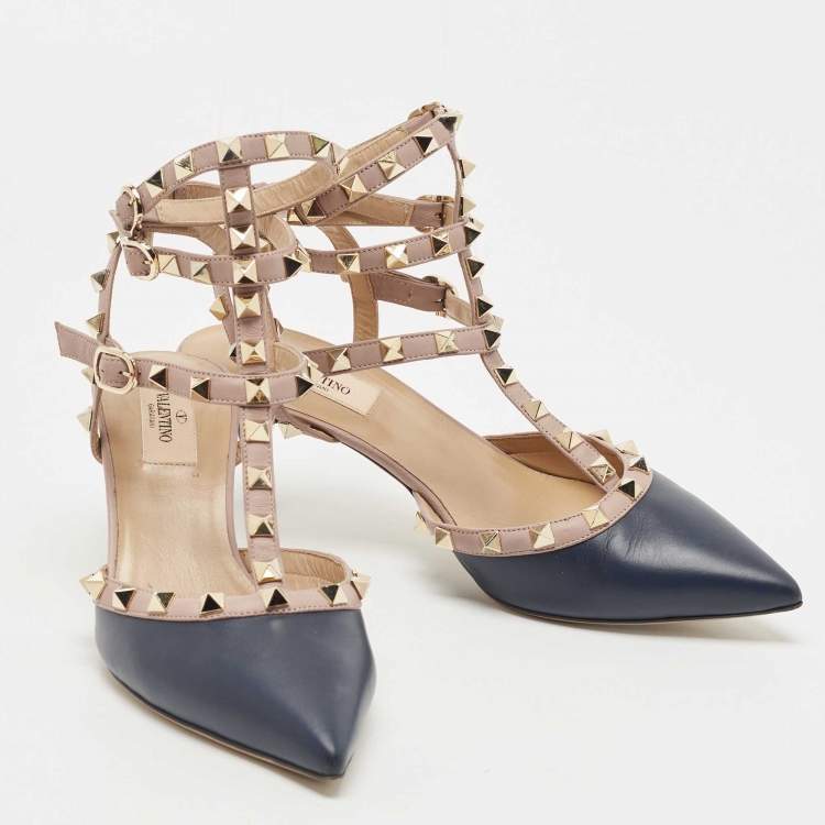 Pre Owned Valentino Blue Leather Rockstud Strappy Pumps Size 38.5