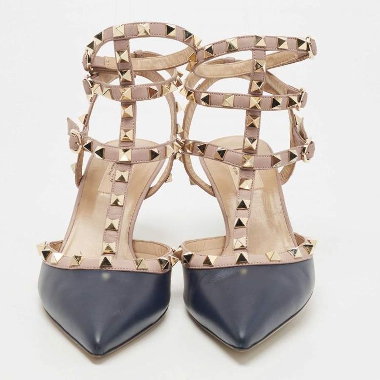 Pre Owned Valentino Blue Leather Rockstud Strappy Pumps Size 38.5