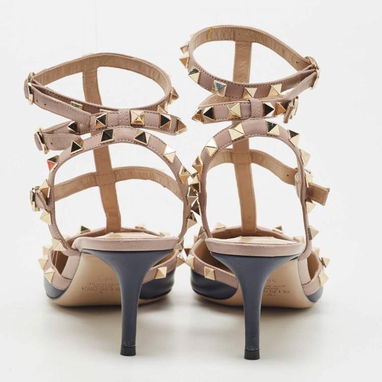 Pre Owned Valentino Blue Leather Rockstud Strappy Pumps Size 38.5