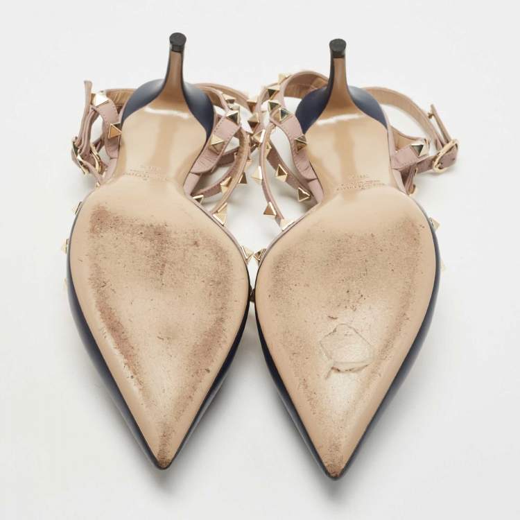 Pre Owned Valentino Blue Leather Rockstud Strappy Pumps Size 38.5