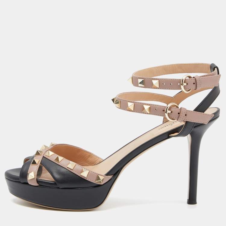 Pre Owned Valentino Black/Dusty Pink Leather Rockstud Platform Ankle Strap Sandals Size 40