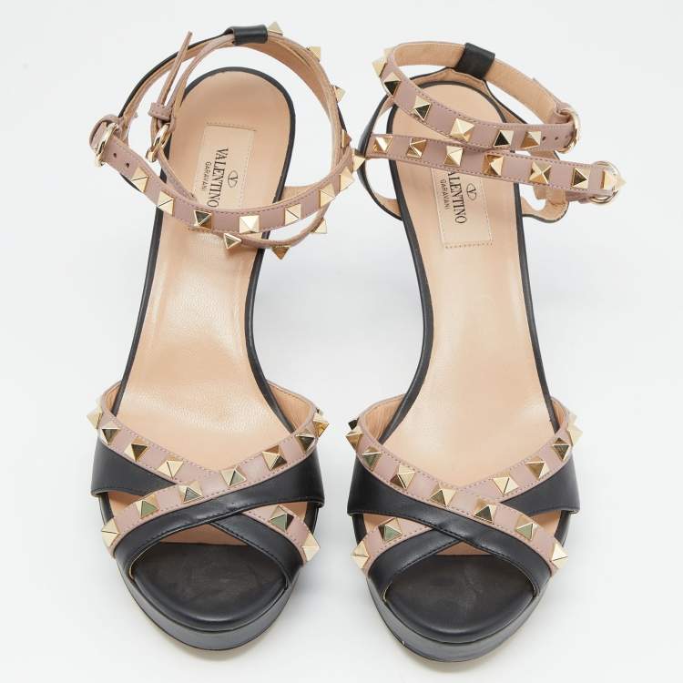 Pre Owned Valentino Black/Dusty Pink Leather Rockstud Platform Ankle Strap Sandals Size 40