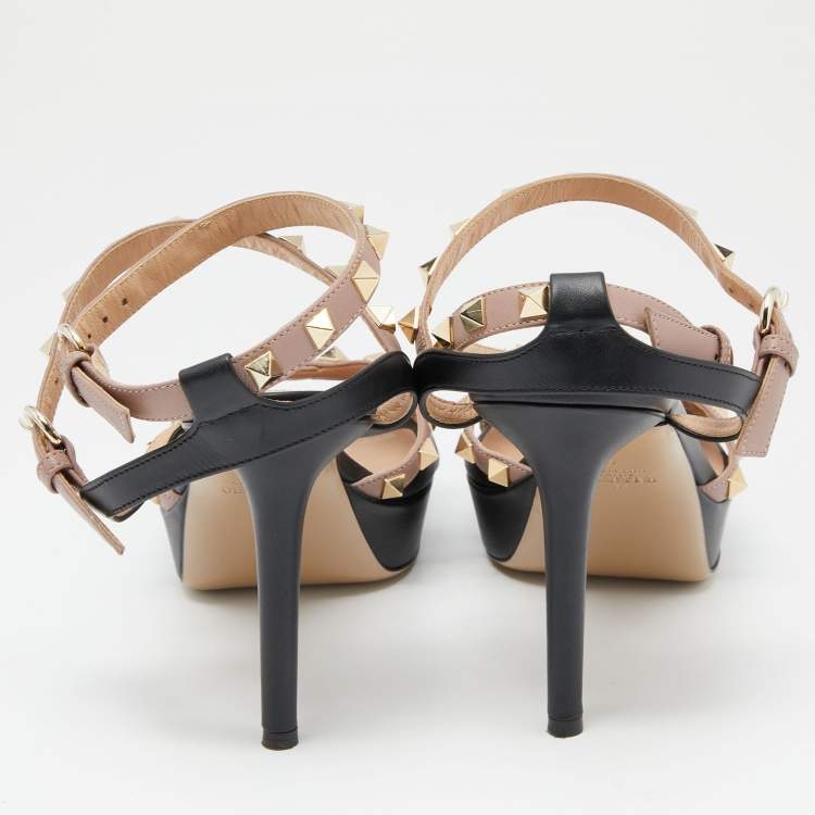 Pre Owned Valentino Black/Dusty Pink Leather Rockstud Platform Ankle Strap Sandals Size 40