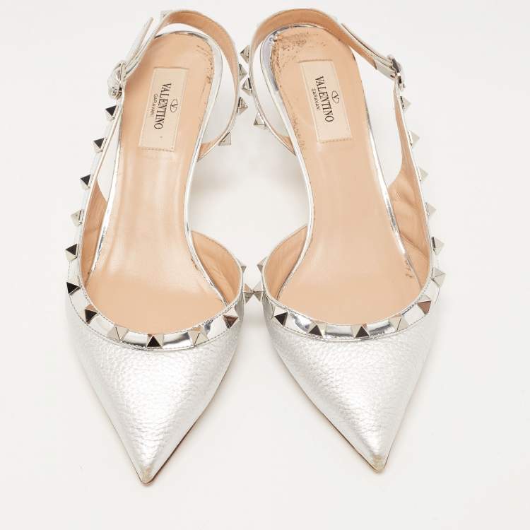 Pre Owned Valentino Silver Leather Rockstud Slingback D'orsay Pumps Size 38