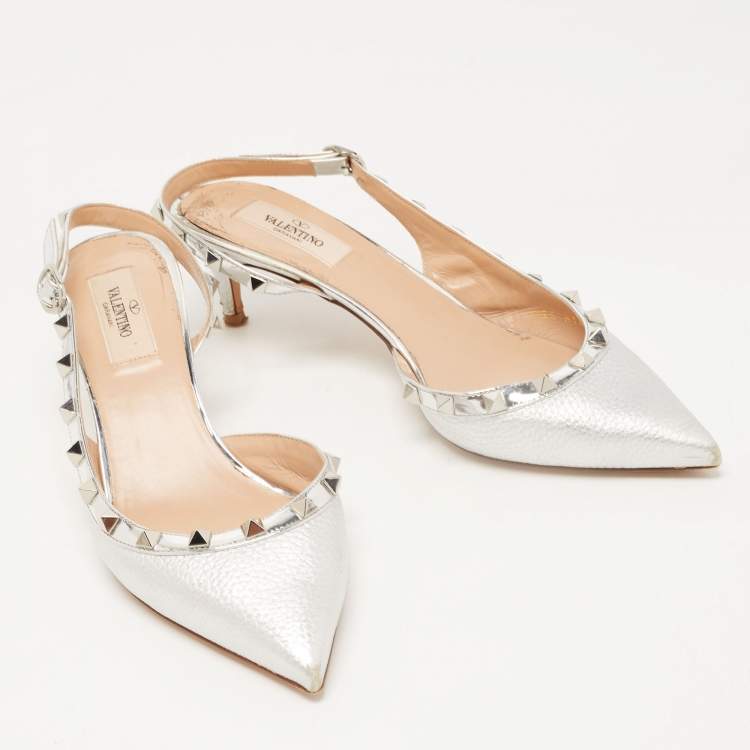 Pre Owned Valentino Silver Leather Rockstud Slingback D'orsay Pumps Size 38