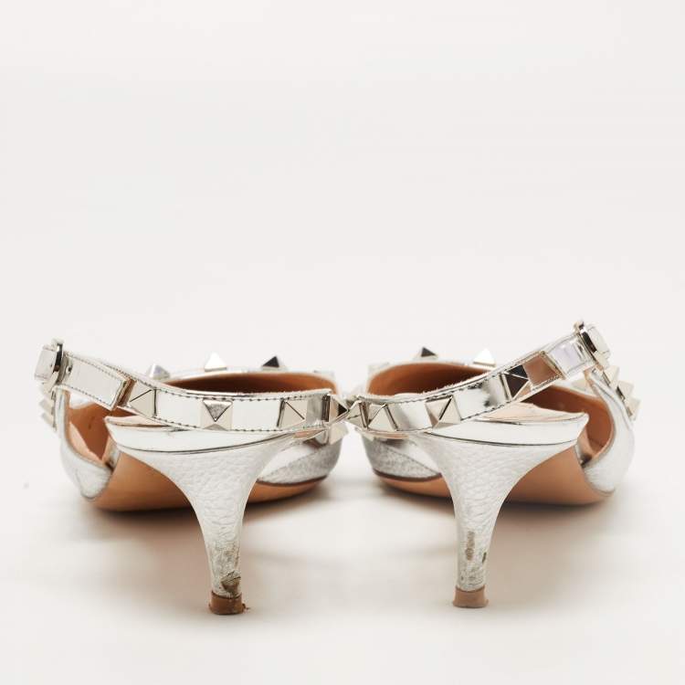 Pre Owned Valentino Silver Leather Rockstud Slingback D'orsay Pumps Size 38