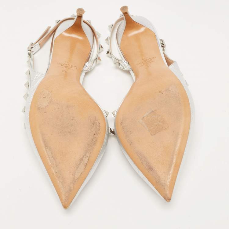 Pre Owned Valentino Silver Leather Rockstud Slingback D'orsay Pumps Size 38