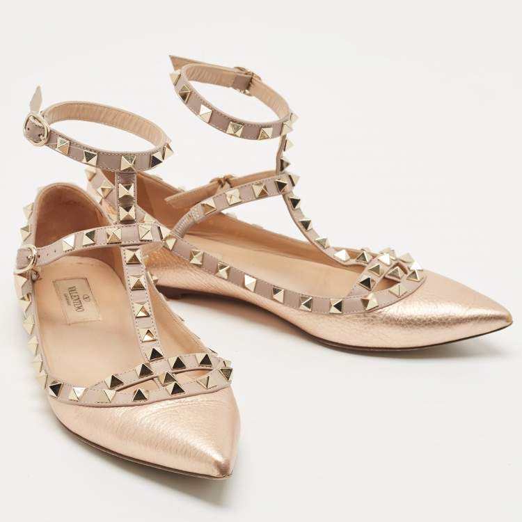 Pre Owned Valentino Rose Gold/Pink Leather Rockstud Ankle Strap Ballet Flats Size 37