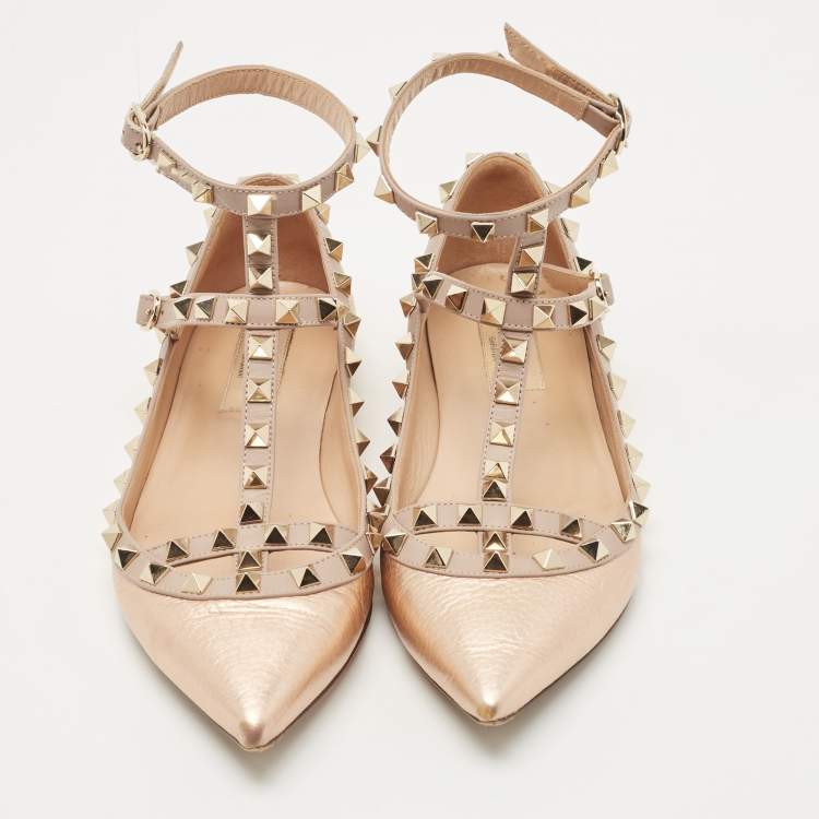 Pre Owned Valentino Rose Gold/Pink Leather Rockstud Ankle Strap Ballet Flats Size 37