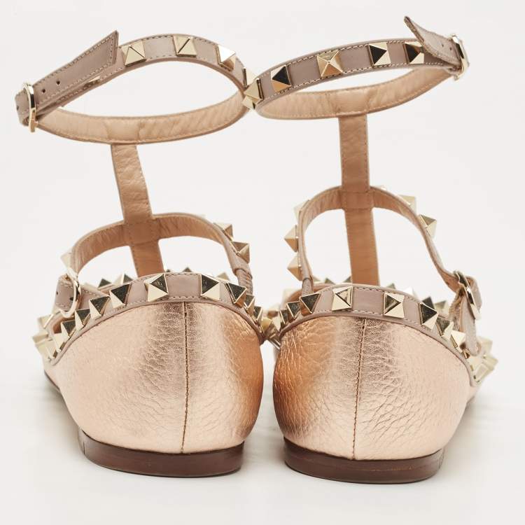 Pre Owned Valentino Rose Gold/Pink Leather Rockstud Ankle Strap Ballet Flats Size 37