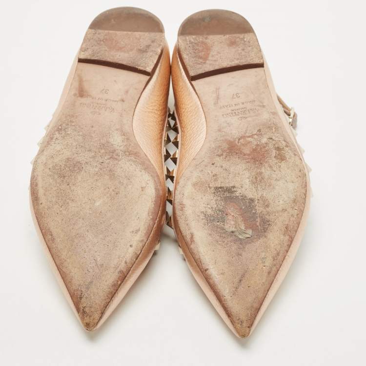 Pre Owned Valentino Rose Gold/Pink Leather Rockstud Ankle Strap Ballet Flats Size 37