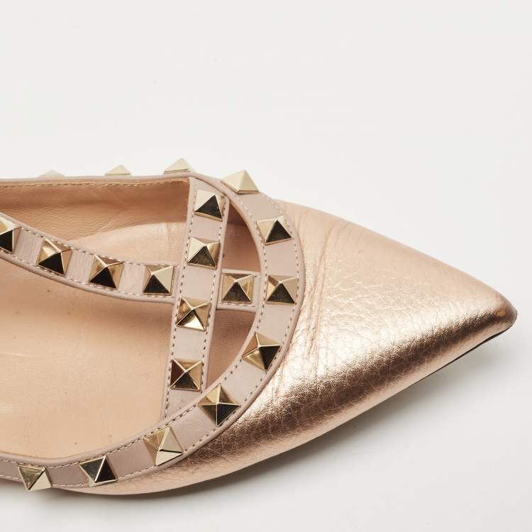 Pre Owned Valentino Rose Gold/Pink Leather Rockstud Ankle Strap Ballet Flats Size 37