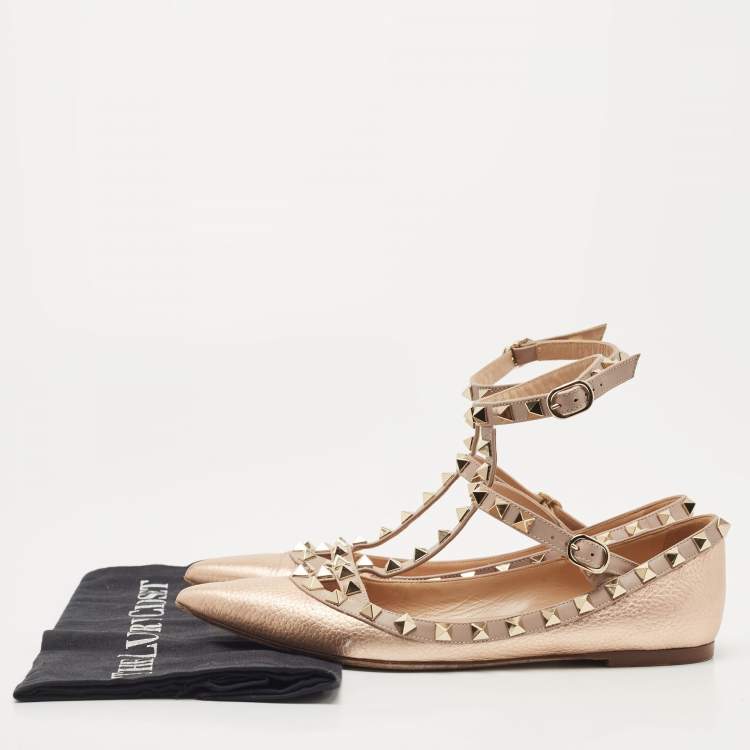 Pre Owned Valentino Rose Gold/Pink Leather Rockstud Ankle Strap Ballet Flats Size 37