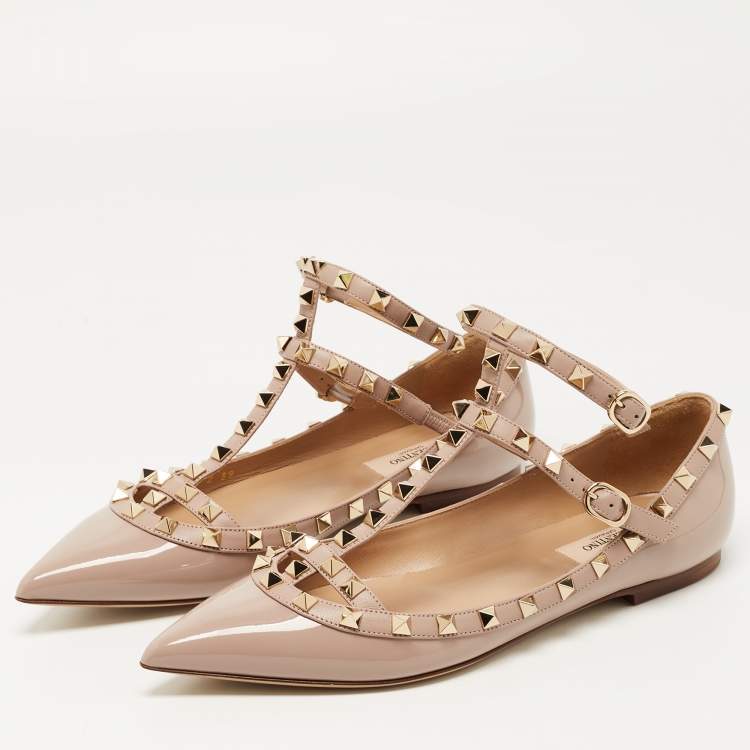 Pre Owned Valentino Dusty Pink Leather Rockstud Strappy Ballet Flats Size 39