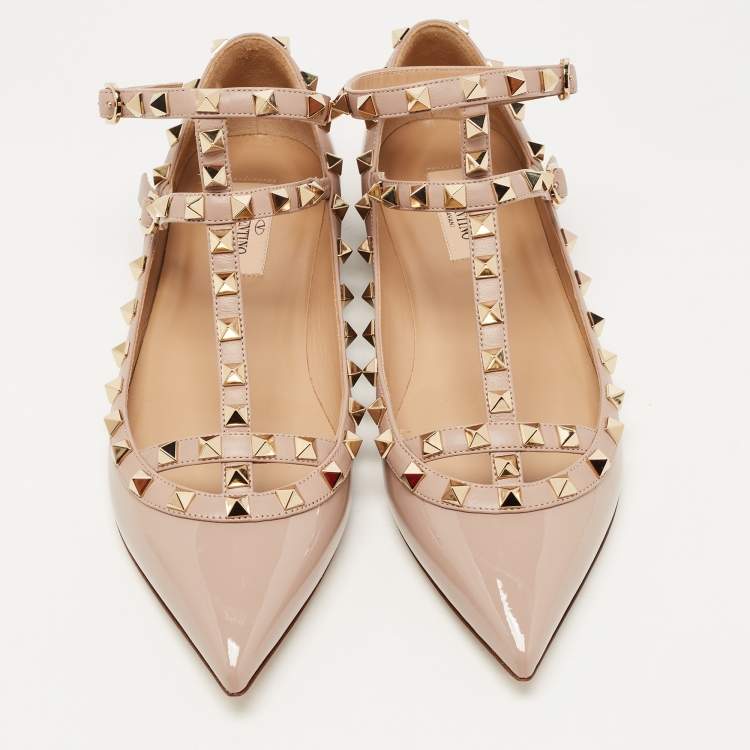 Pre Owned Valentino Dusty Pink Leather Rockstud Strappy Ballet Flats Size 39