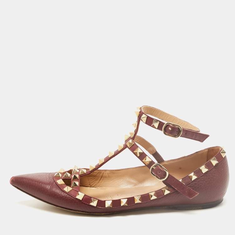 Pre Owned Valentino Burgundy Leather Rockstud Ankle Strap Ballet Flats Size 36.5