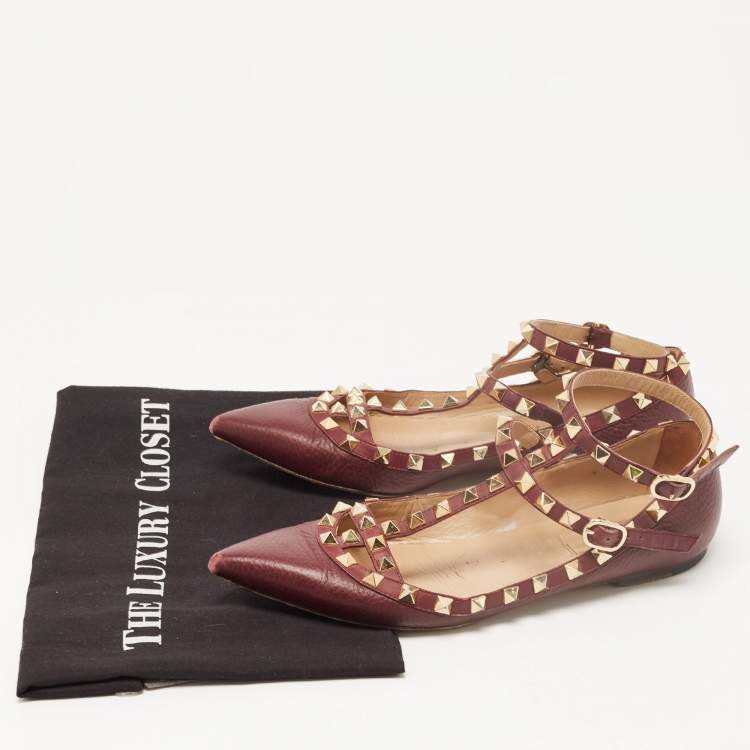 Pre Owned Valentino Burgundy Leather Rockstud Ankle Strap Ballet Flats Size 36.5