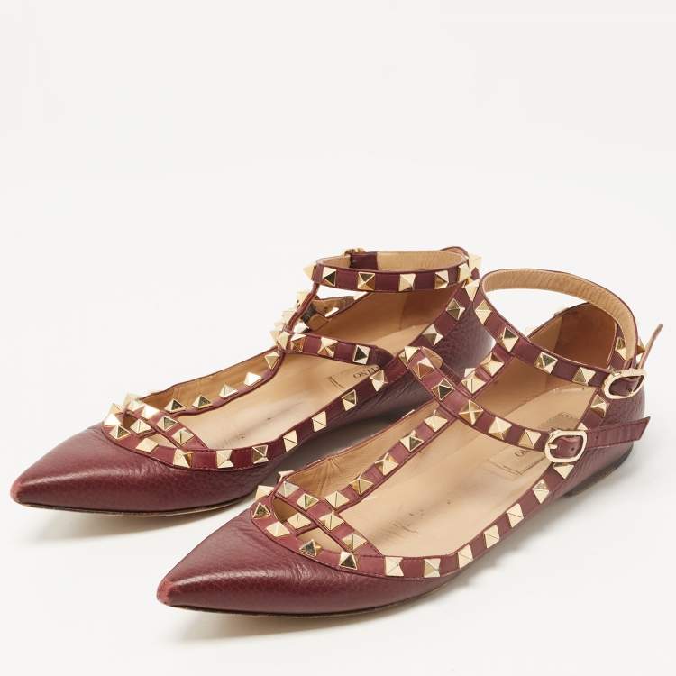 Pre Owned Valentino Burgundy Leather Rockstud Ankle Strap Ballet Flats Size 36.5