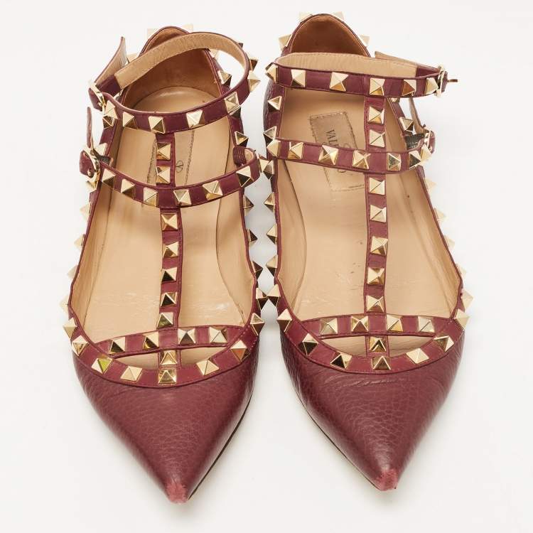 Pre Owned Valentino Burgundy Leather Rockstud Ankle Strap Ballet Flats Size 36.5