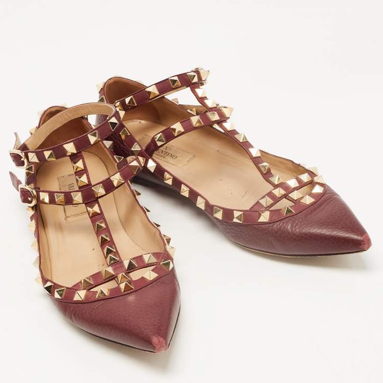 Pre Owned Valentino Burgundy Leather Rockstud Ankle Strap Ballet Flats Size 36.5