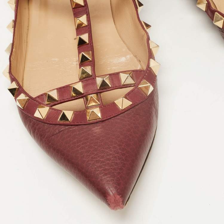 Pre Owned Valentino Burgundy Leather Rockstud Ankle Strap Ballet Flats Size 36.5