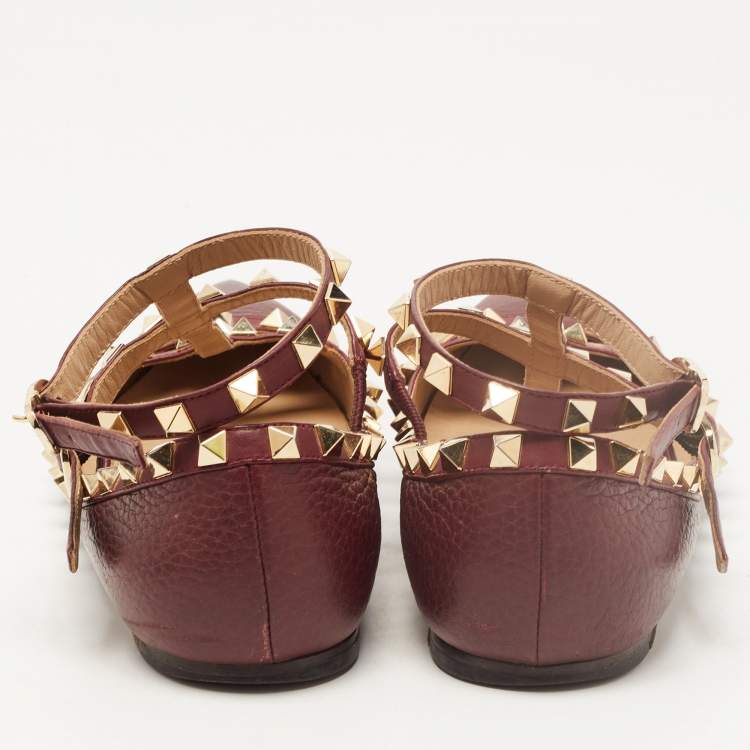 Pre Owned Valentino Burgundy Leather Rockstud Ankle Strap Ballet Flats Size 36.5