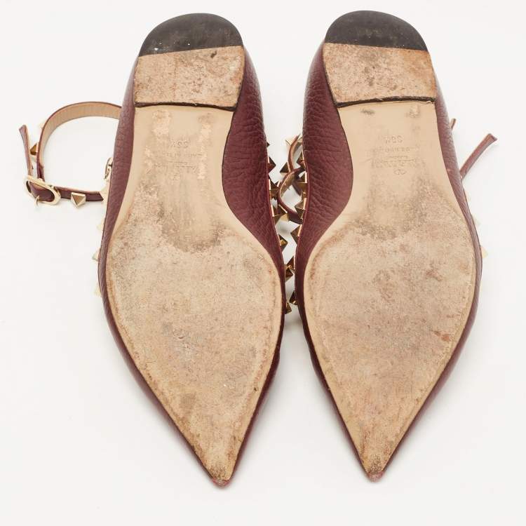 Pre Owned Valentino Burgundy Leather Rockstud Ankle Strap Ballet Flats Size 36.5