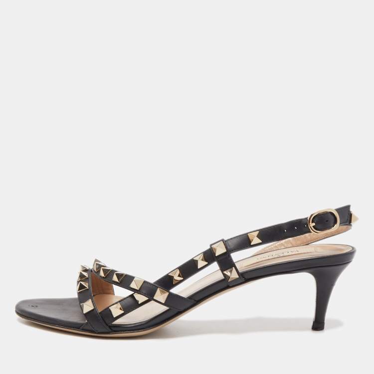 Pre Owned Valentino Black Leather Rockstud Strappy Slingback Sandals Size 38