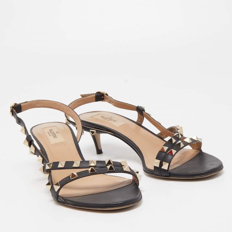 Pre Owned Valentino Black Leather Rockstud Strappy Slingback Sandals Size 38