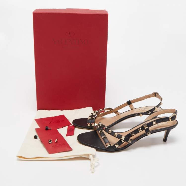 Pre Owned Valentino Black Leather Rockstud Strappy Slingback Sandals Size 38
