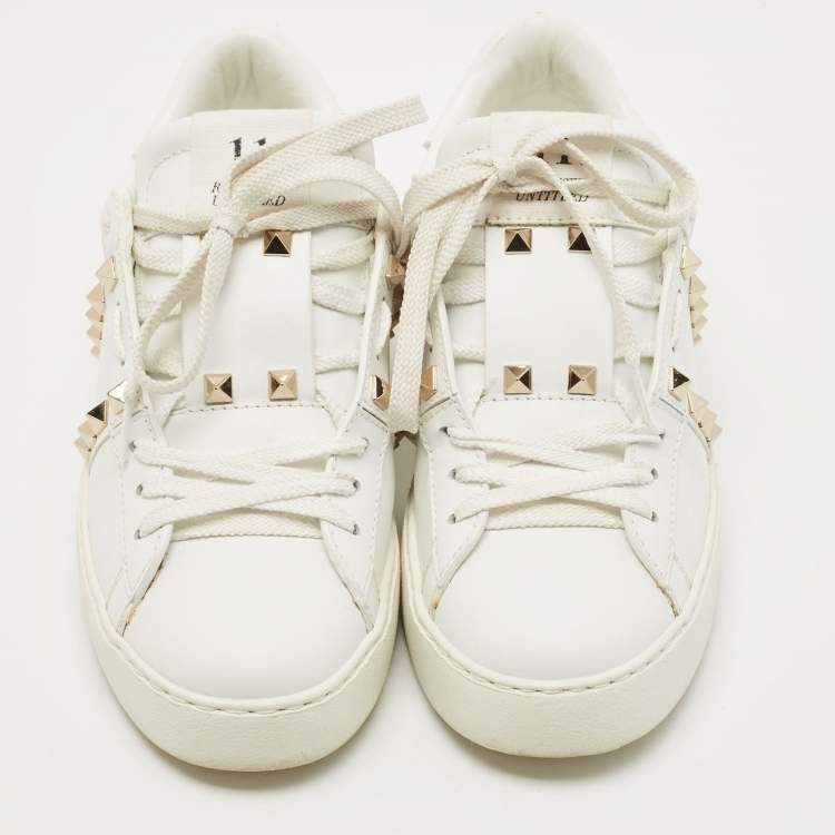 Pre Owned Valentino White Leather Rockstud Low Top Sneakers Size 36