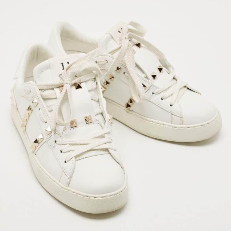 Pre Owned Valentino White Leather Rockstud Low Top Sneakers Size 36