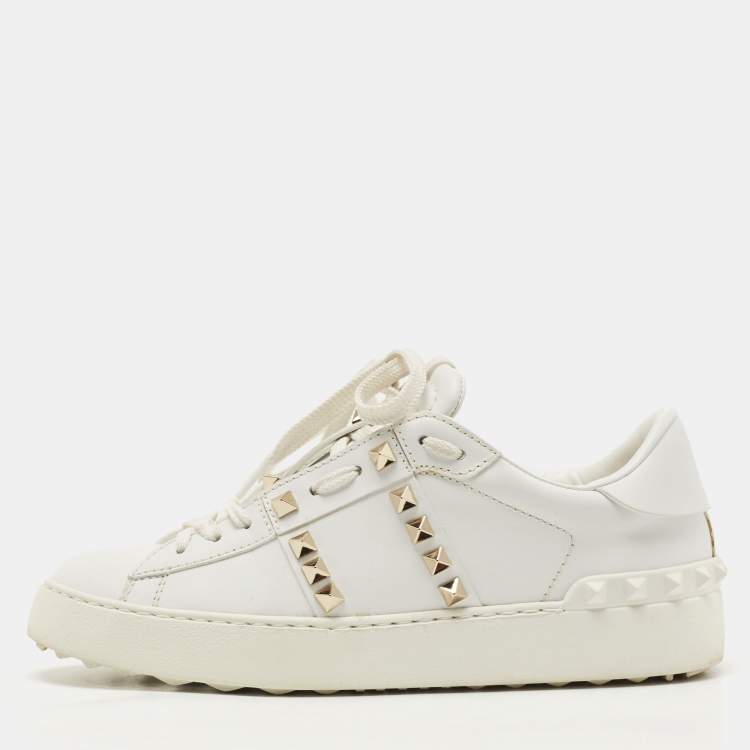 Pre Owned Valentino White Leather Rockstud Low Top Sneakers Size 36