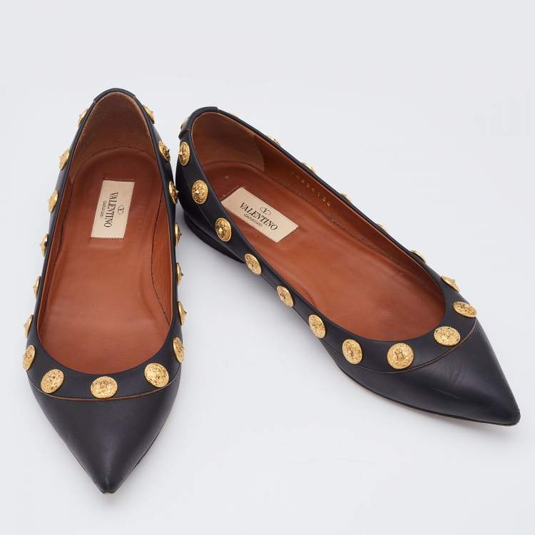 Pre Owned Valentino Black Leather Coin Embellished Pointed Toe Ballet Flats Size 38