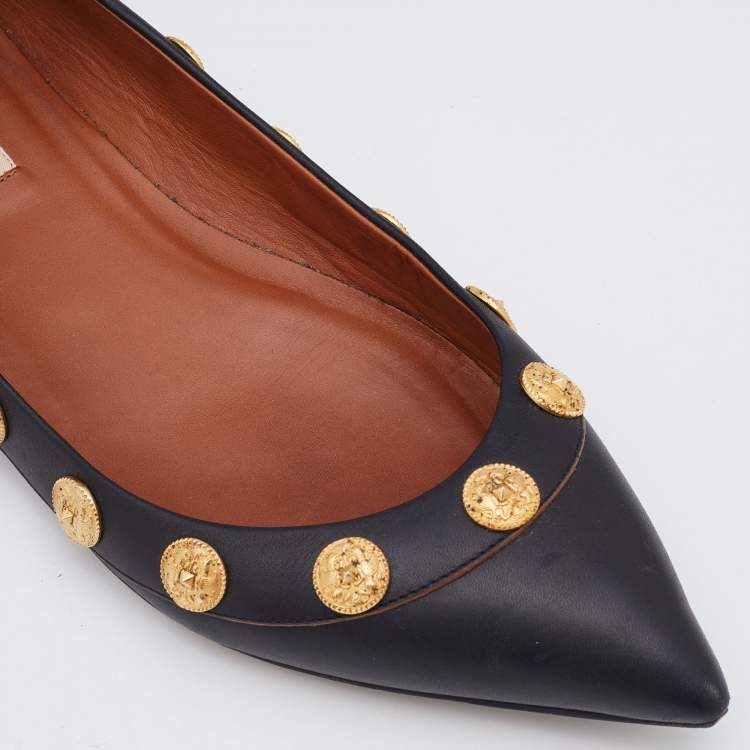 Pre Owned Valentino Black Leather Coin Embellished Pointed Toe Ballet Flats Size 38