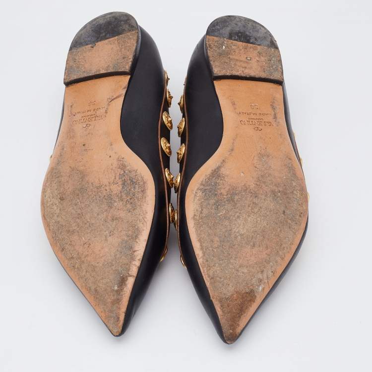 Pre Owned Valentino Black Leather Coin Embellished Pointed Toe Ballet Flats Size 38