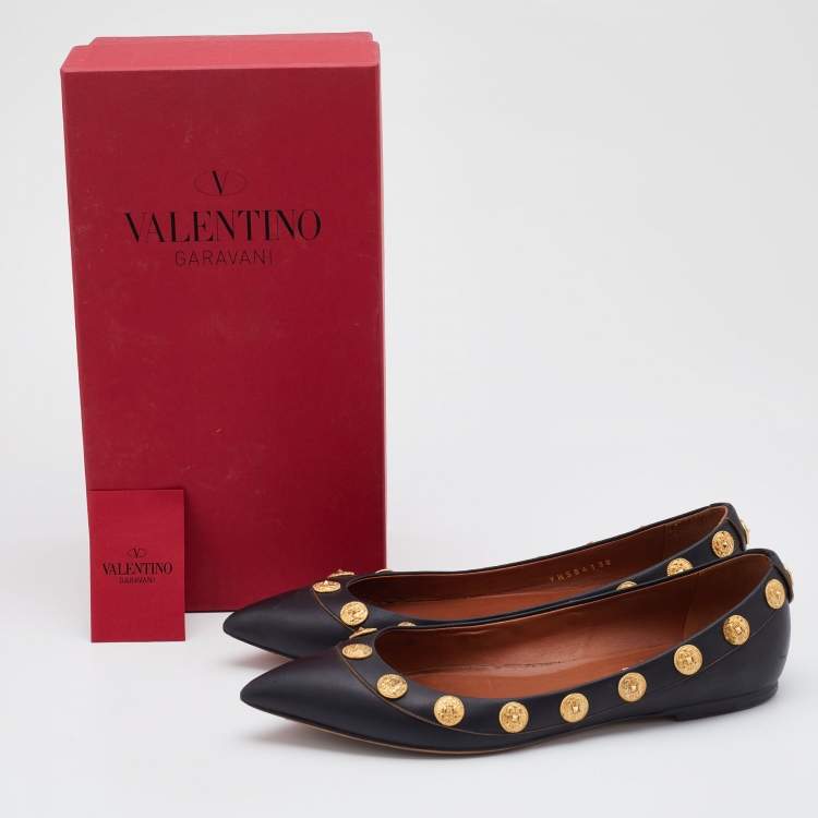 Pre Owned Valentino Black Leather Coin Embellished Pointed Toe Ballet Flats Size 38