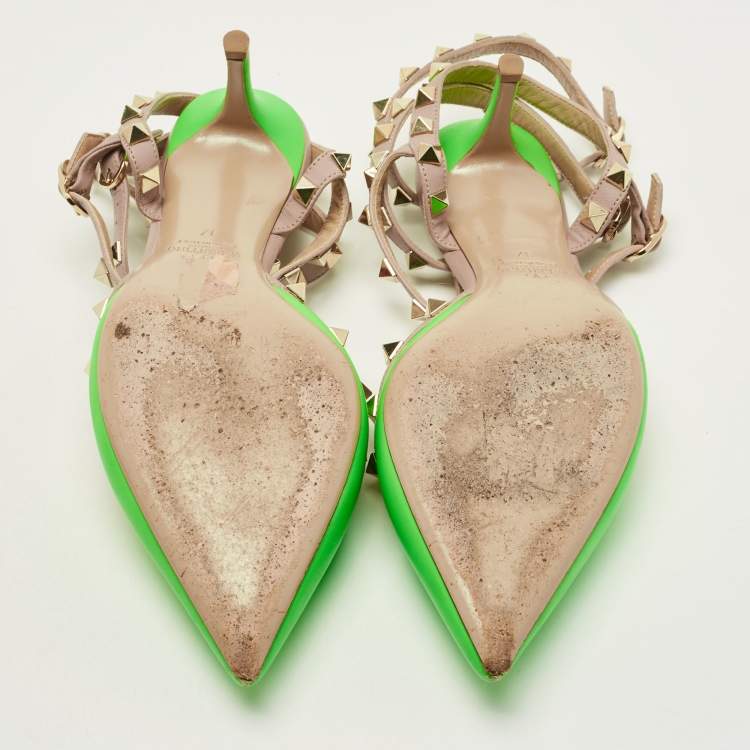 Pre Owned Valentino Neon Green/Dusty Pink Leather Rockstud Ankle Strap Pumps Size 37