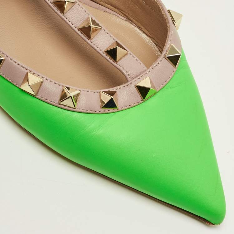 Pre Owned Valentino Neon Green/Dusty Pink Leather Rockstud Ankle Strap Pumps Size 37