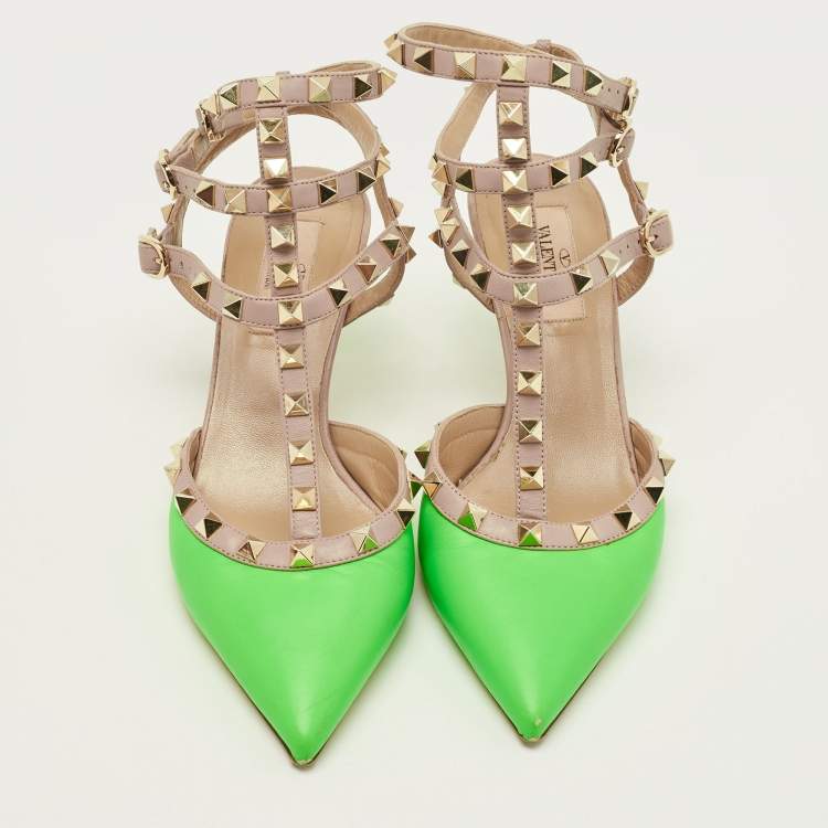 Pre Owned Valentino Neon Green/Dusty Pink Leather Rockstud Ankle Strap Pumps Size 37