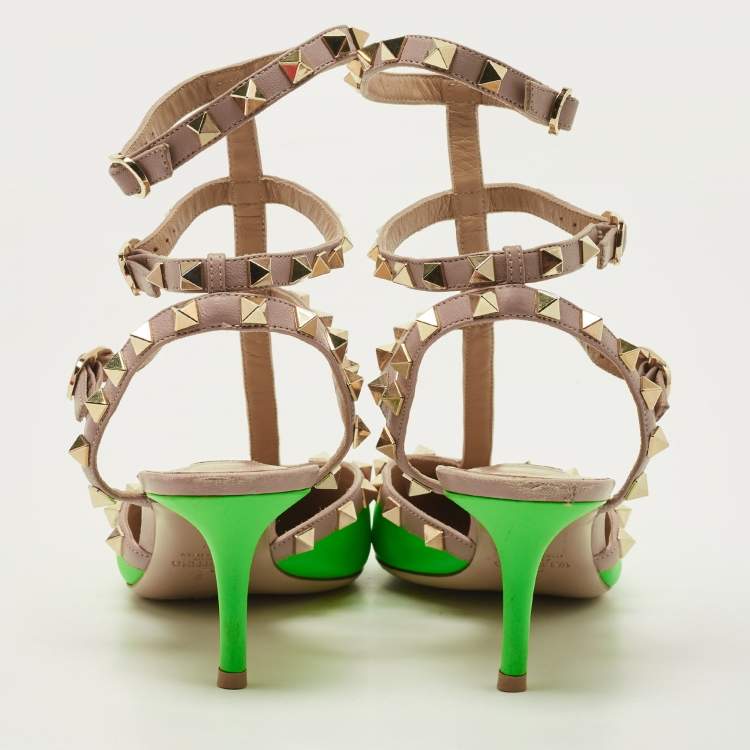 Pre Owned Valentino Neon Green/Dusty Pink Leather Rockstud Ankle Strap Pumps Size 37