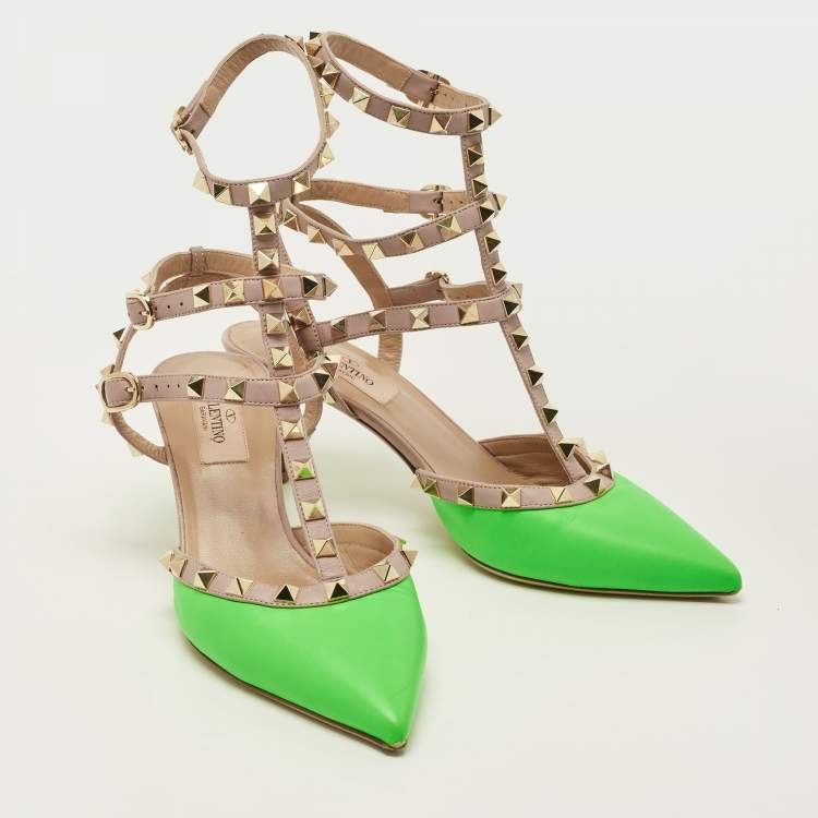 Pre Owned Valentino Neon Green/Dusty Pink Leather Rockstud Ankle Strap Pumps Size 37
